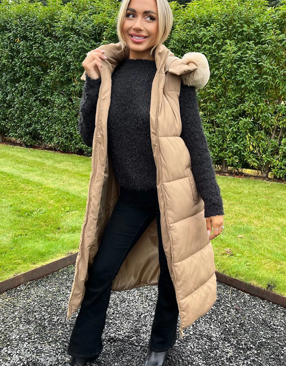 Biscuit Faux Fur Hooded Longline Padded Gilet, 2 of 1