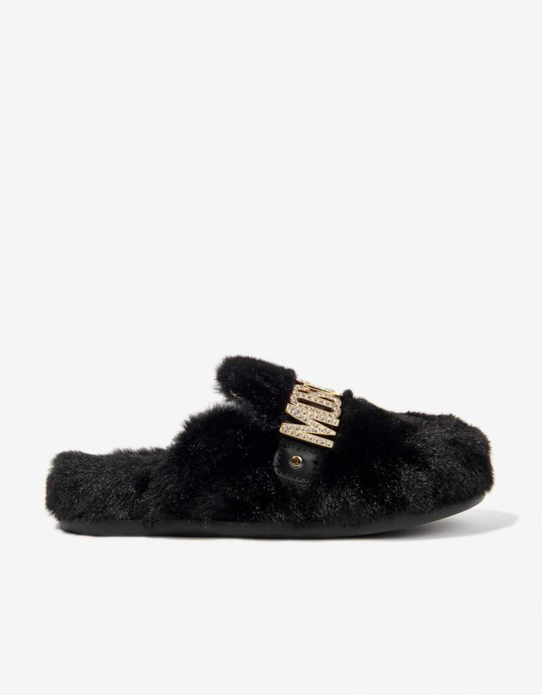 Girls Faux Fur Logo Slippers in Black