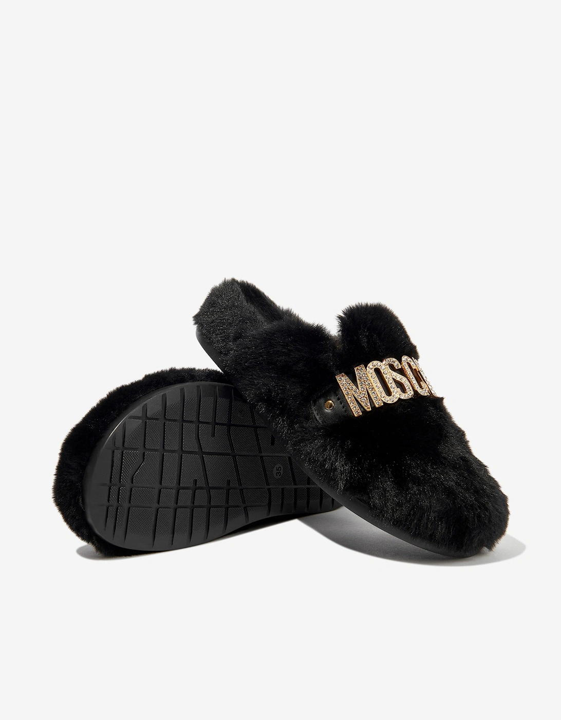 Girls Faux Fur Logo Slippers in Black