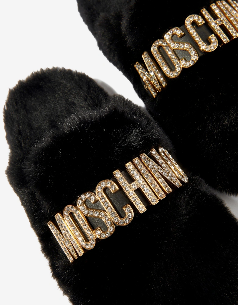 Girls Faux Fur Logo Slippers in Black