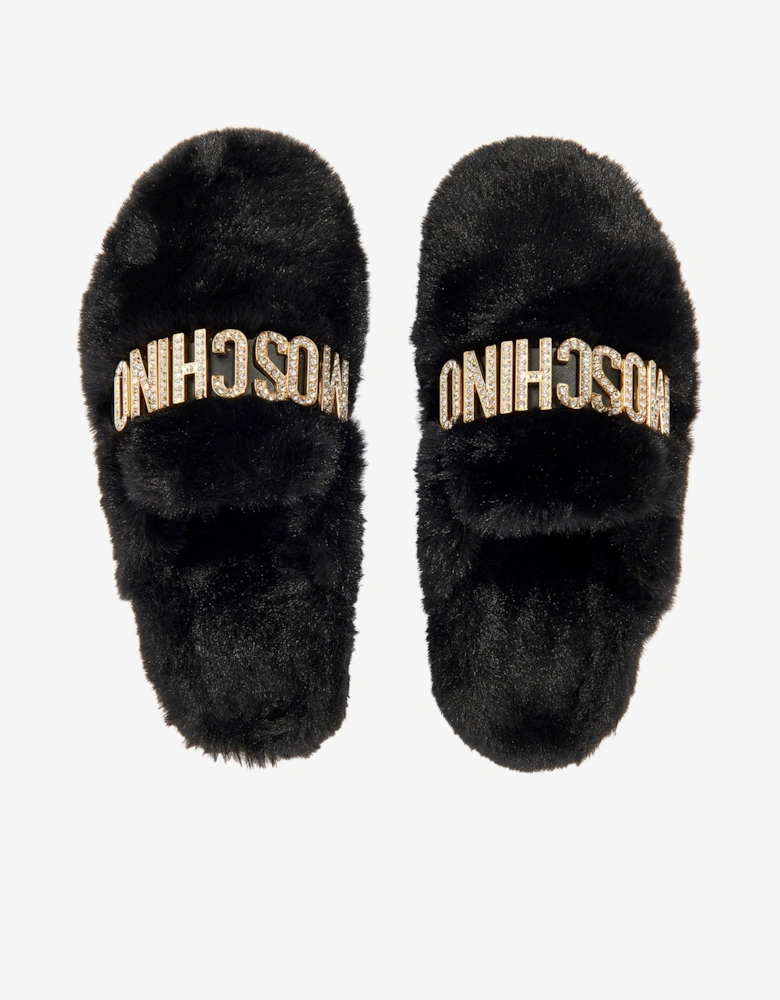 Girls Faux Fur Logo Slippers in Black