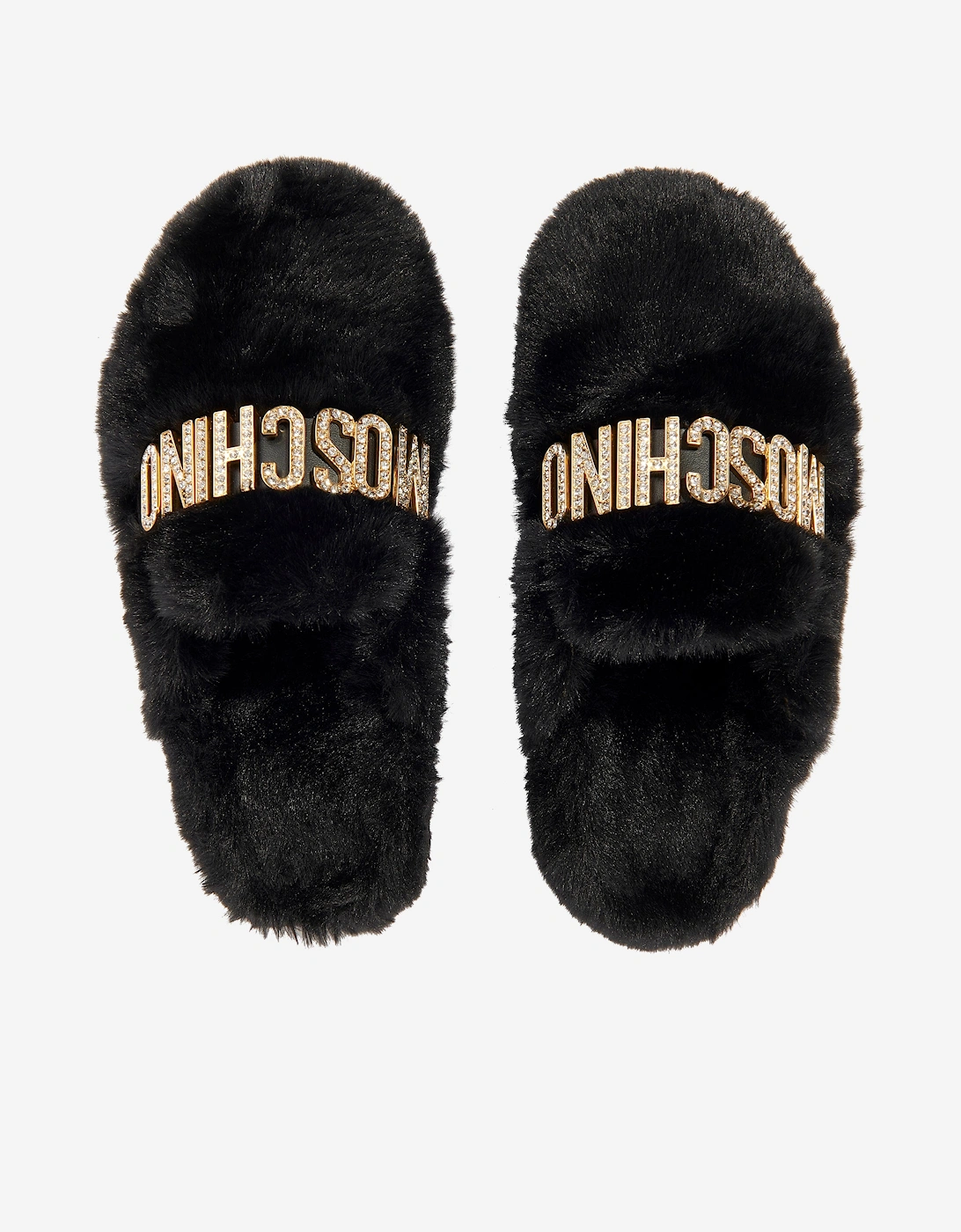 Girls Faux Fur Logo Slippers in Black