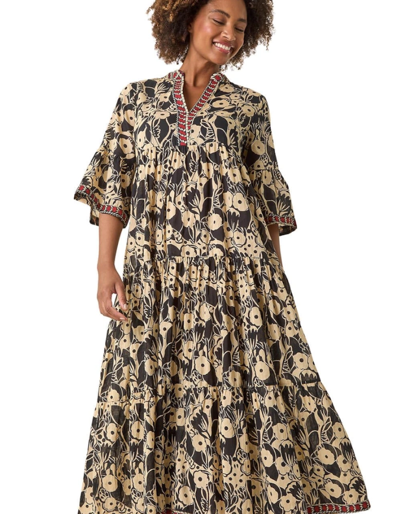 Floral Print Border Maxi Dress