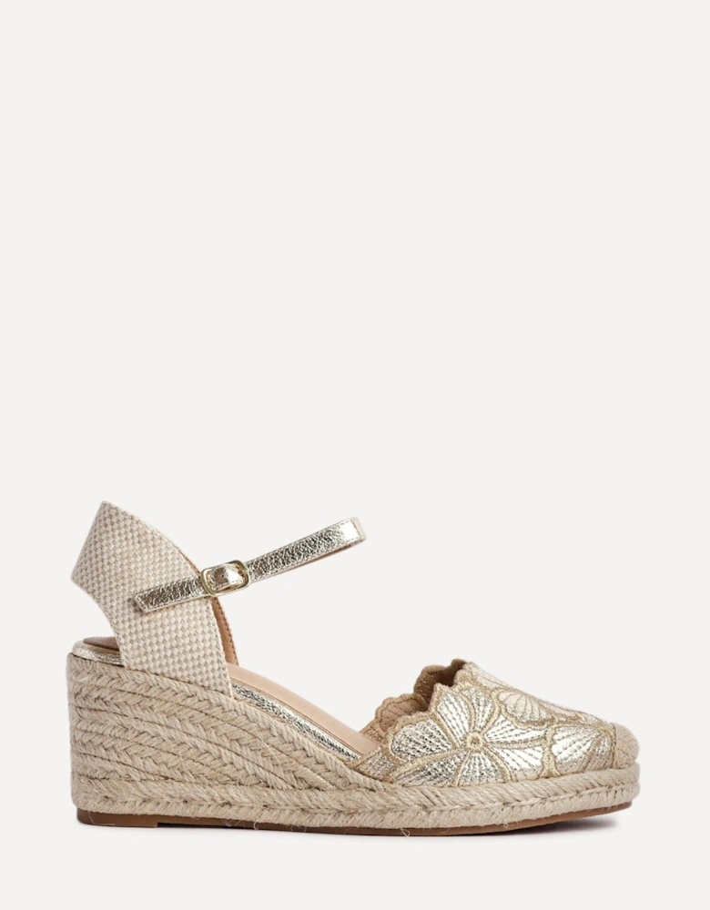 Florentina Gold Floral Embroidered Espadrille Platform Wedge
