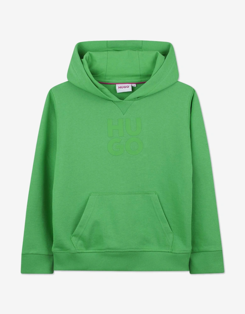 Boys Stacked Logo Print Hoodie in Green