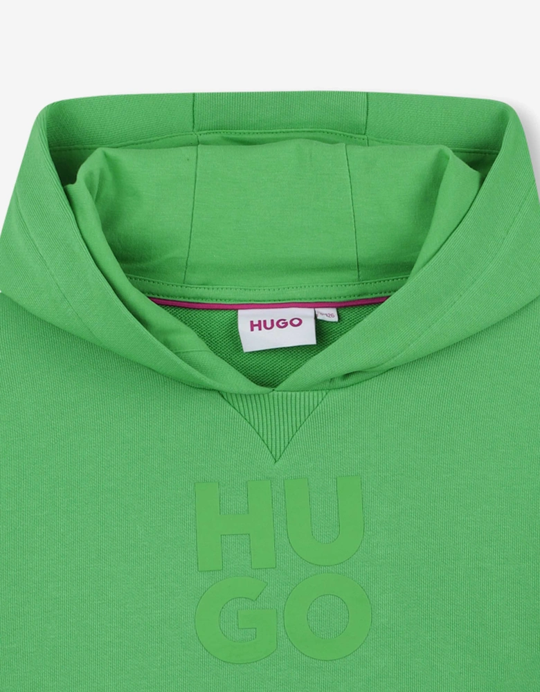 Boys Stacked Logo Print Hoodie in Green