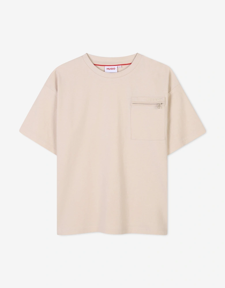 Boys Zip Pocket Logo T-Shirt in Beige
