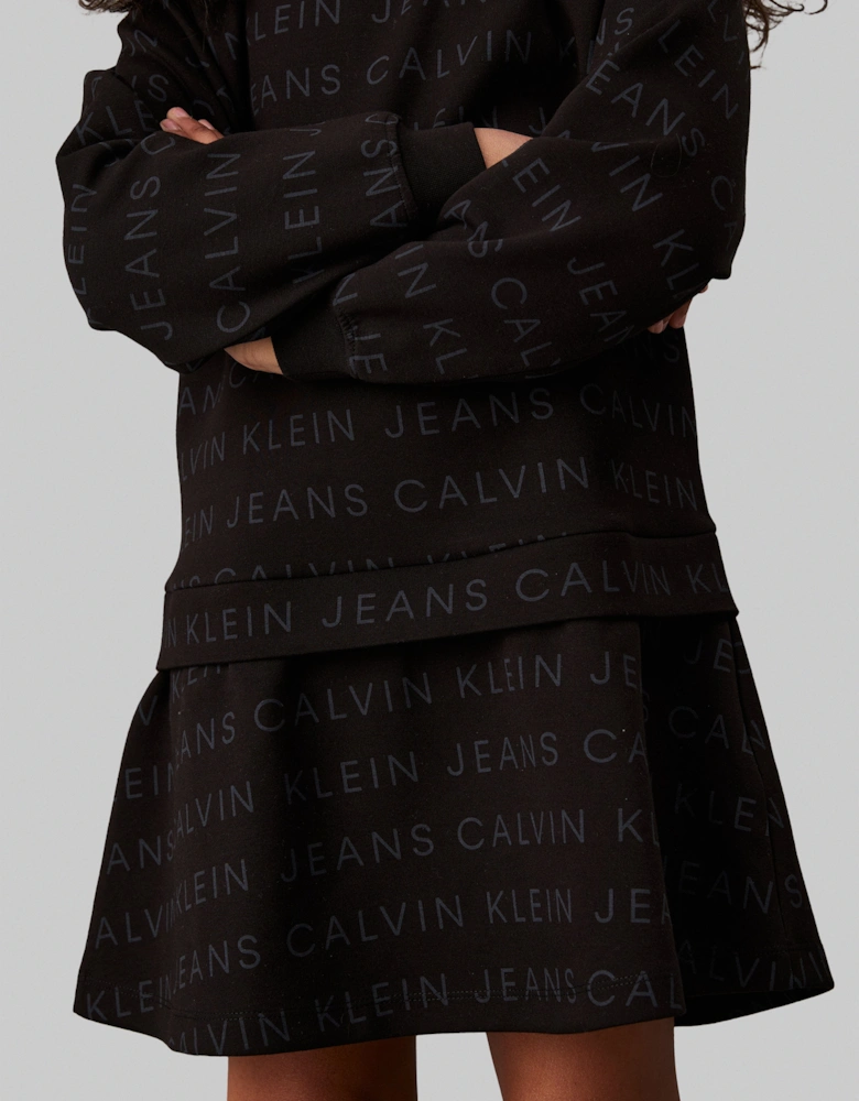 Girls Logo AOP Fleece Dress in Black