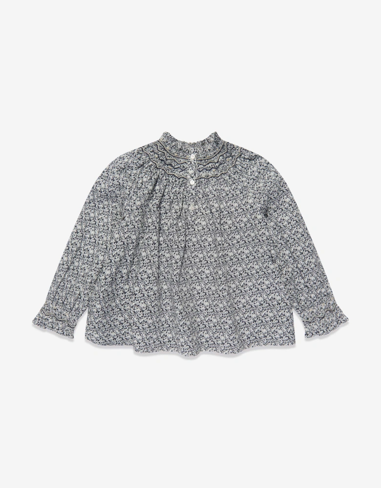 Girls Petal Smocked Blouse in Blue