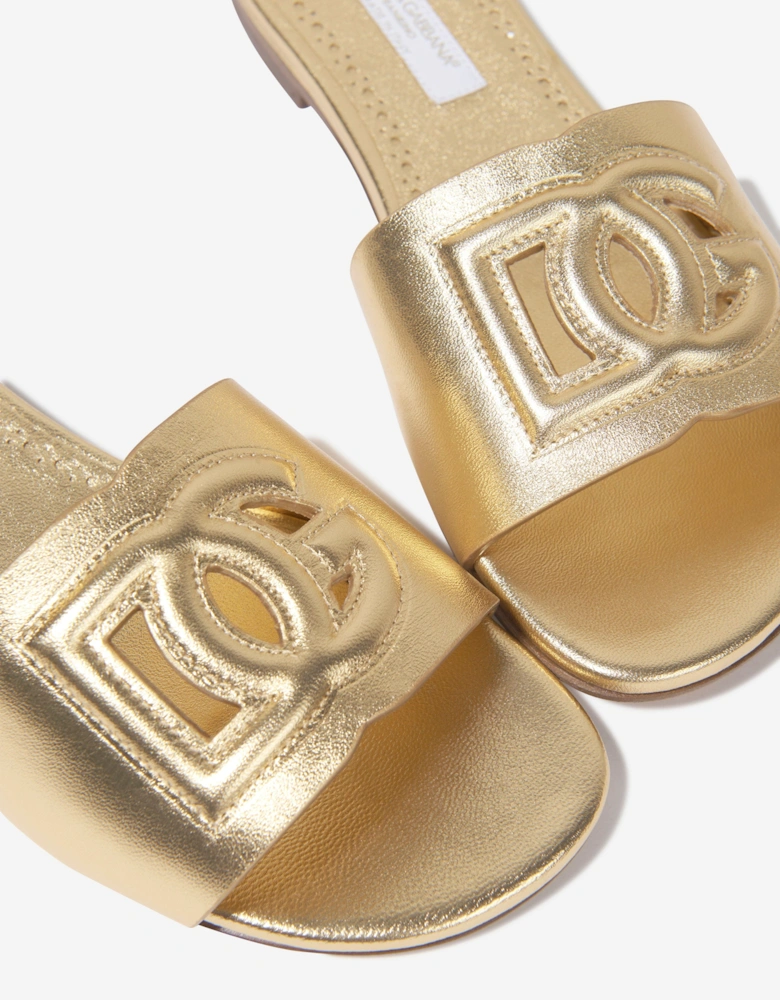 Girls Leather Logo Slider Sandals In Gold