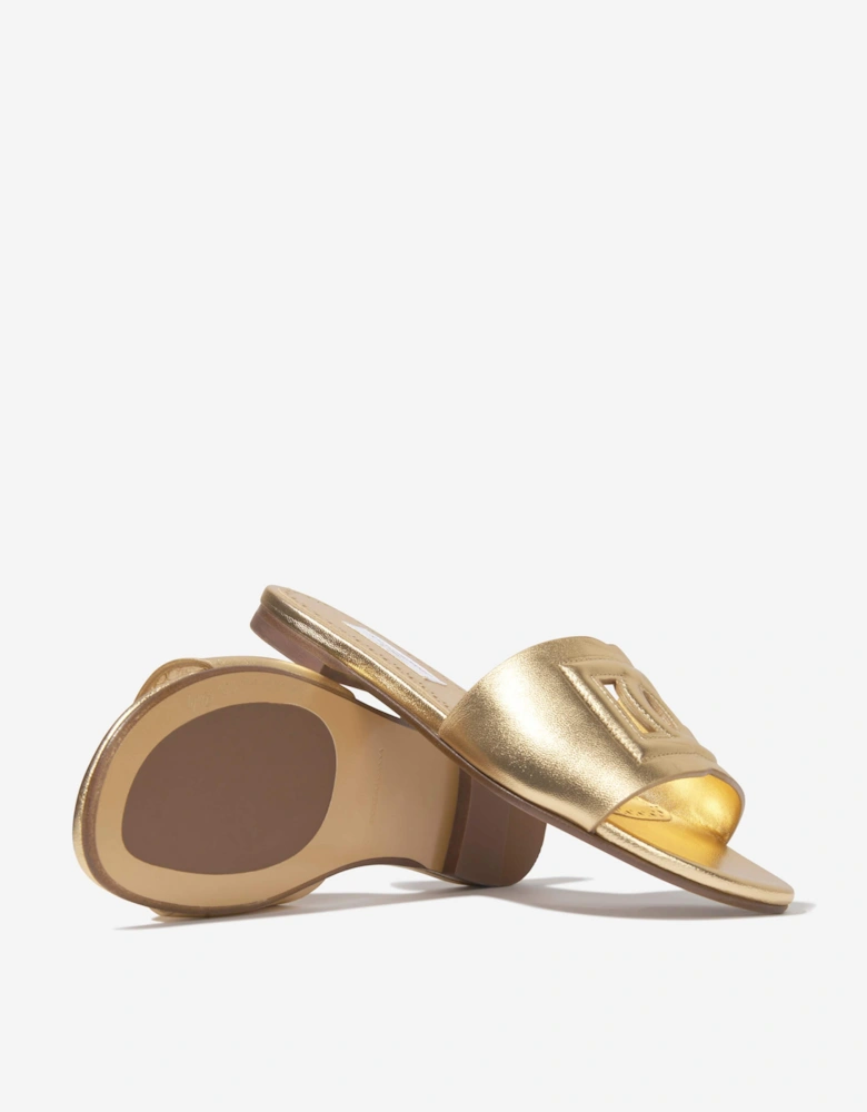 Girls Leather Logo Slider Sandals In Gold