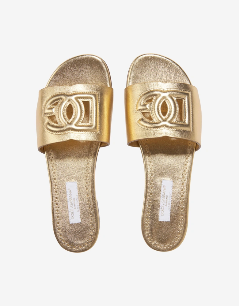 Girls Leather Logo Slider Sandals In Gold