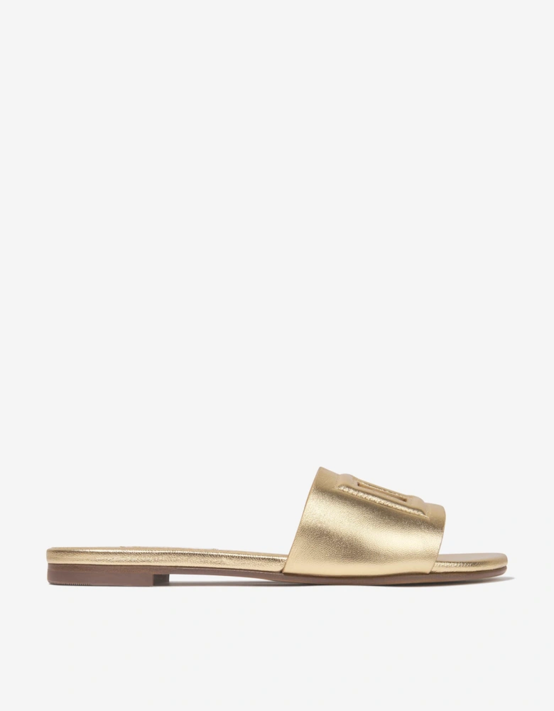Girls Leather Logo Slider Sandals In Gold