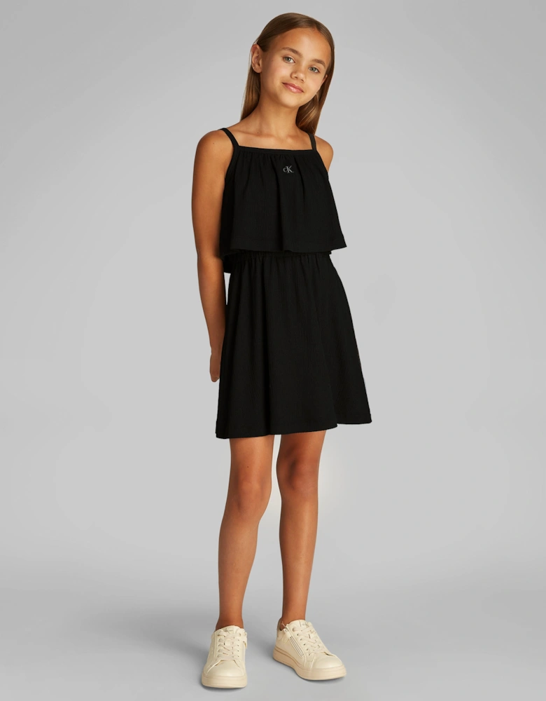 Girls Crinkle Layered Tank Dress in Black