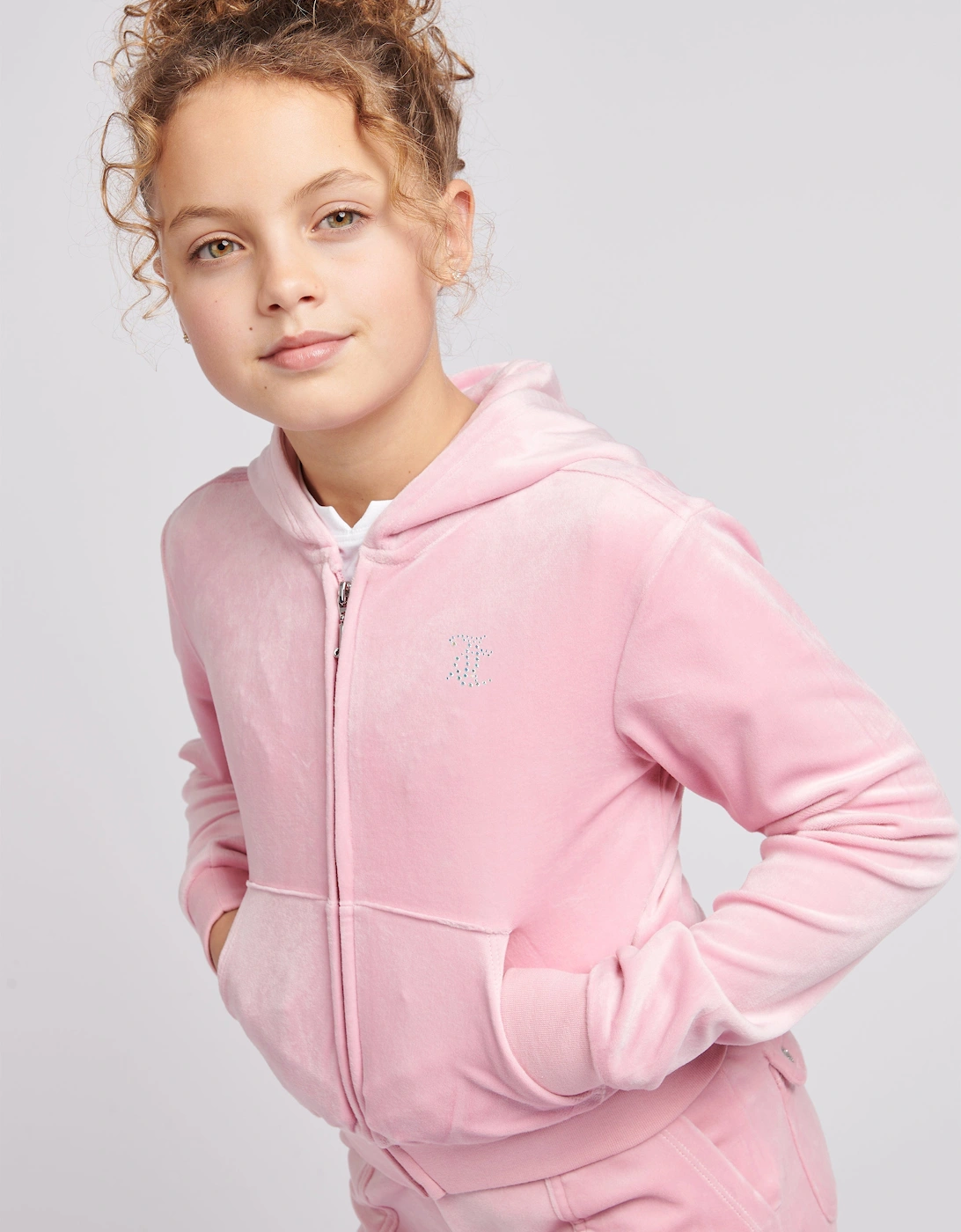 Girls Diamante Logo Zip Up Top in Pink