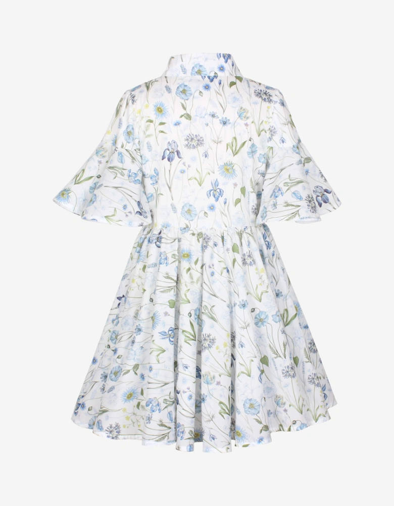 Girls Little Sister Blue Medaow Print Dress in White