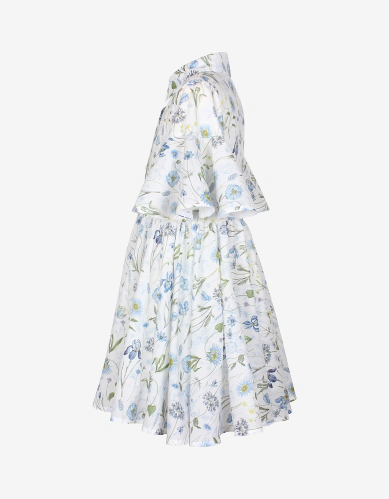 Girls Little Sister Blue Medaow Print Dress in White