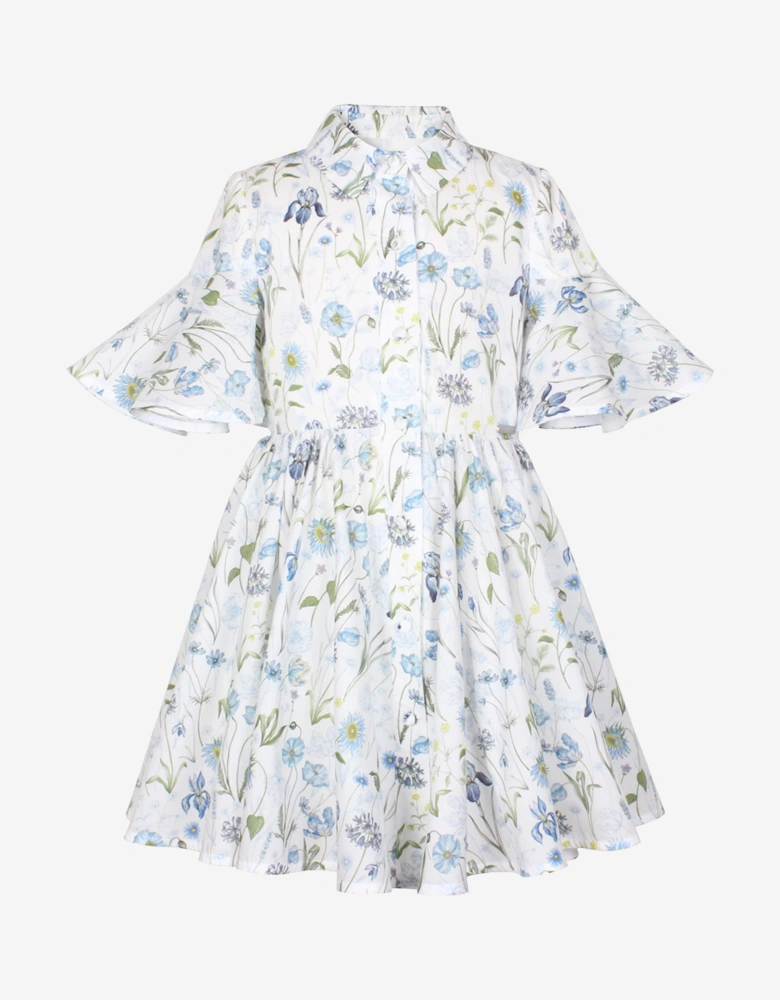 Girls Little Sister Blue Medaow Print Dress in White