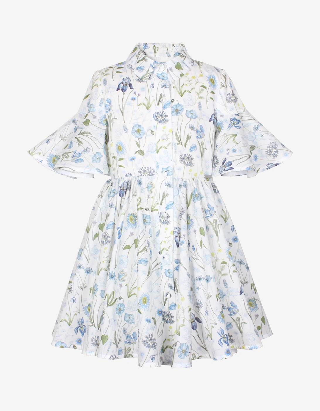 Girls Little Sister Blue Medaow Print Dress in White, 5 of 4