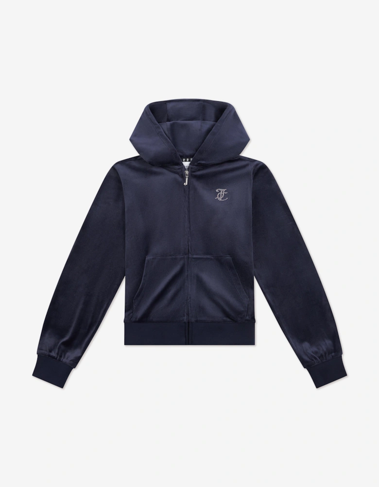 Girls Diamante Logo Zip Up Top in Navy