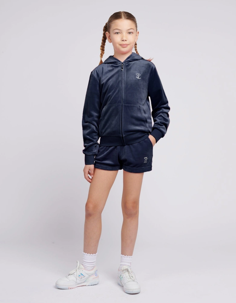 Girls Diamante Logo Zip Up Top in Navy