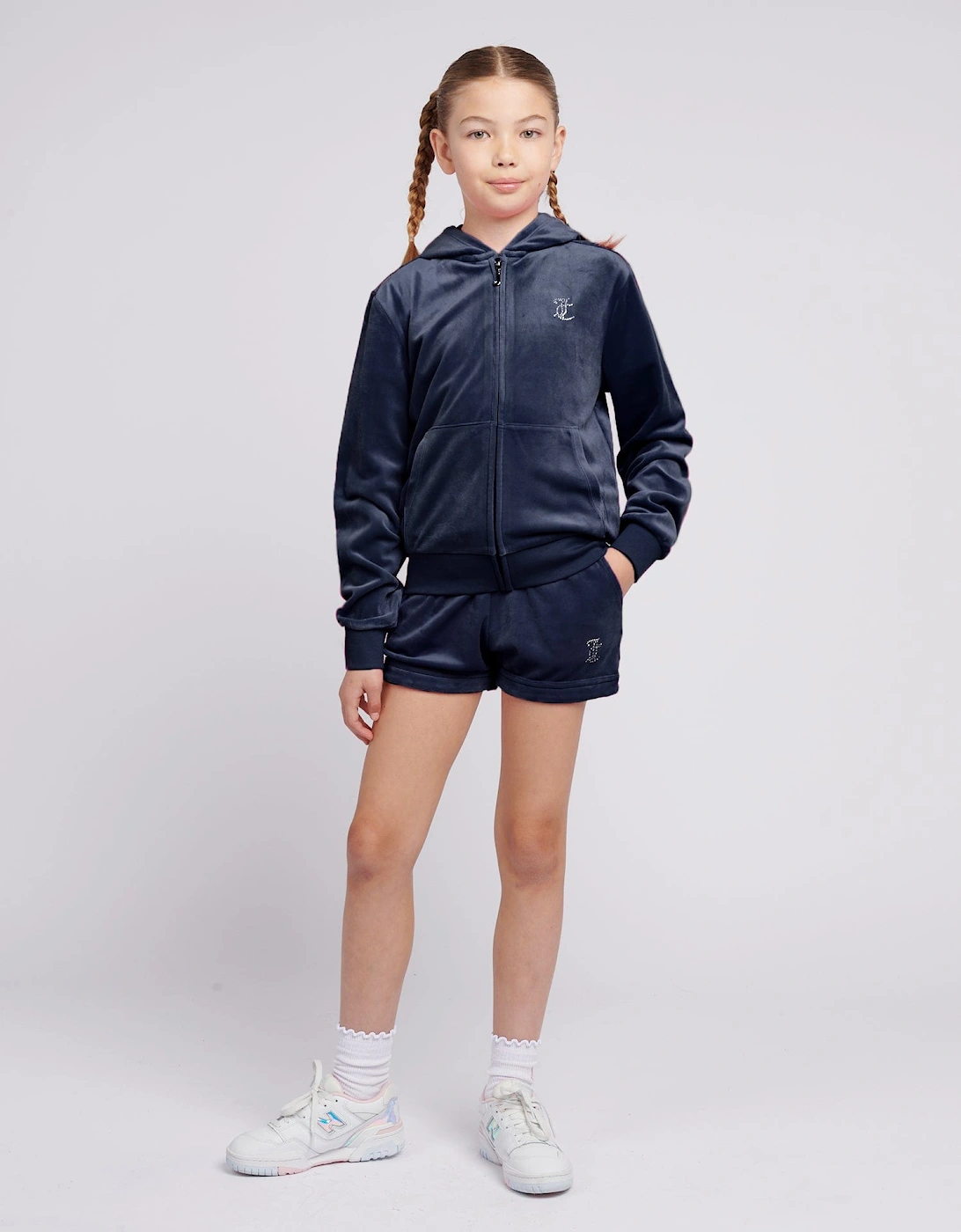 Girls Diamante Logo Zip Up Top in Navy