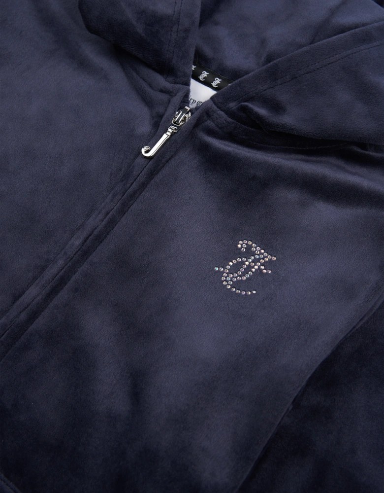 Girls Diamante Logo Zip Up Top in Navy