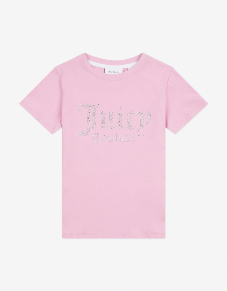 Girls Diamante Logo Fitted T-Shirt in Pink
