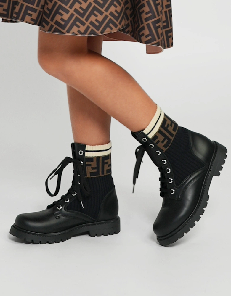 Kids Leather FF Logo Biker Boots in Black