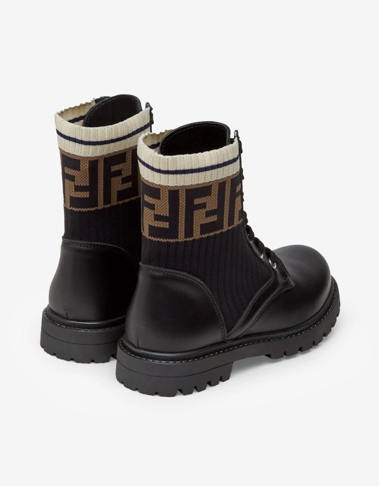 Kids Leather FF Logo Biker Boots in Black
