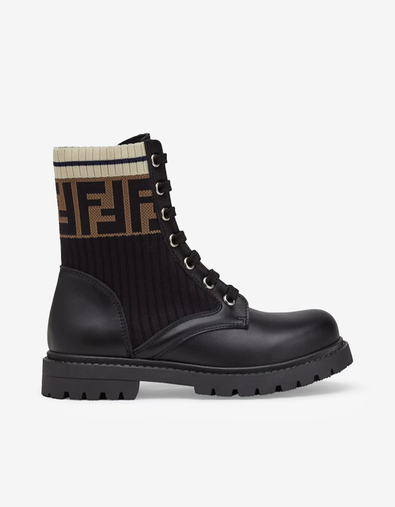 Kids Leather FF Logo Biker Boots in Black