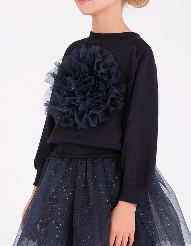 Girls Organza Flower Sweatshirt in Navy