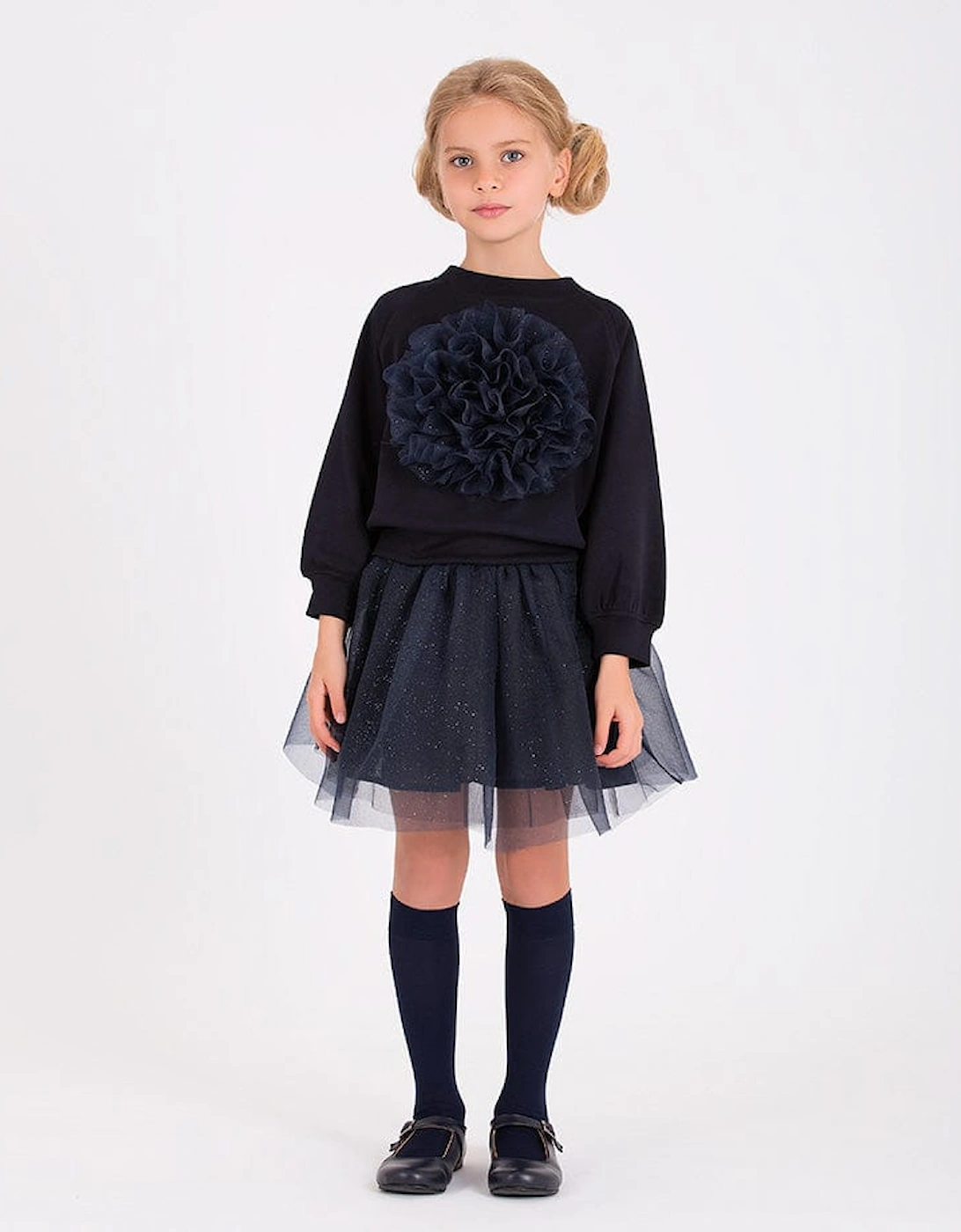Girls Organza Flower Skirt in Navy