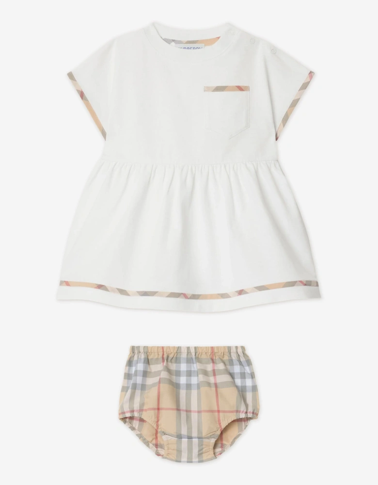 Baby Girls Lea Check Trim Dress Set in White