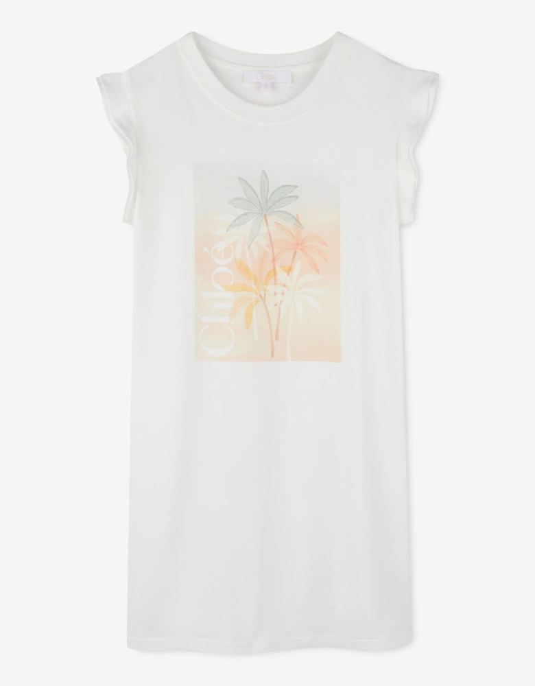 Girls Palm Tree Jersey Dress in Ivory