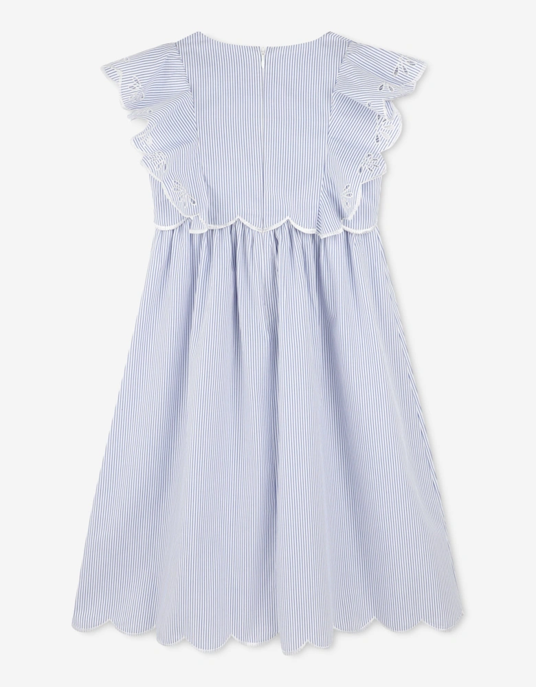 Girls Striped Flower Embroidered Dress in Blue