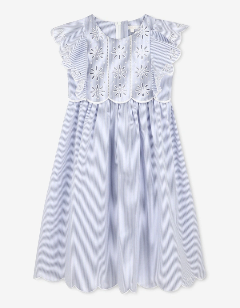 Girls Striped Flower Embroidered Dress in Blue