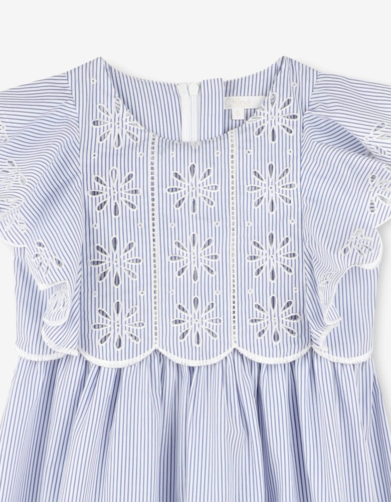 Girls Striped Flower Embroidered Dress in Blue