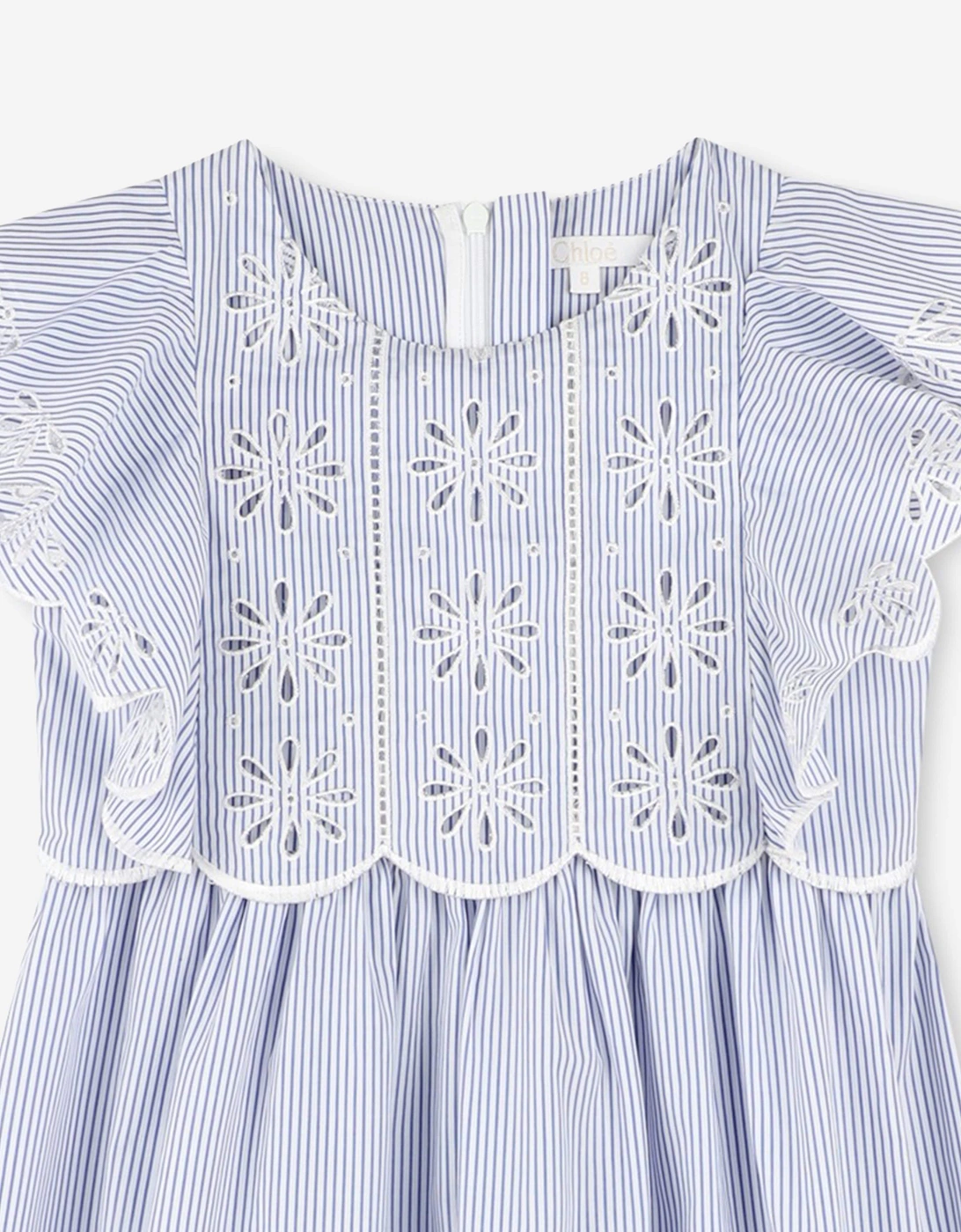 Girls Striped Flower Embroidered Dress in Blue