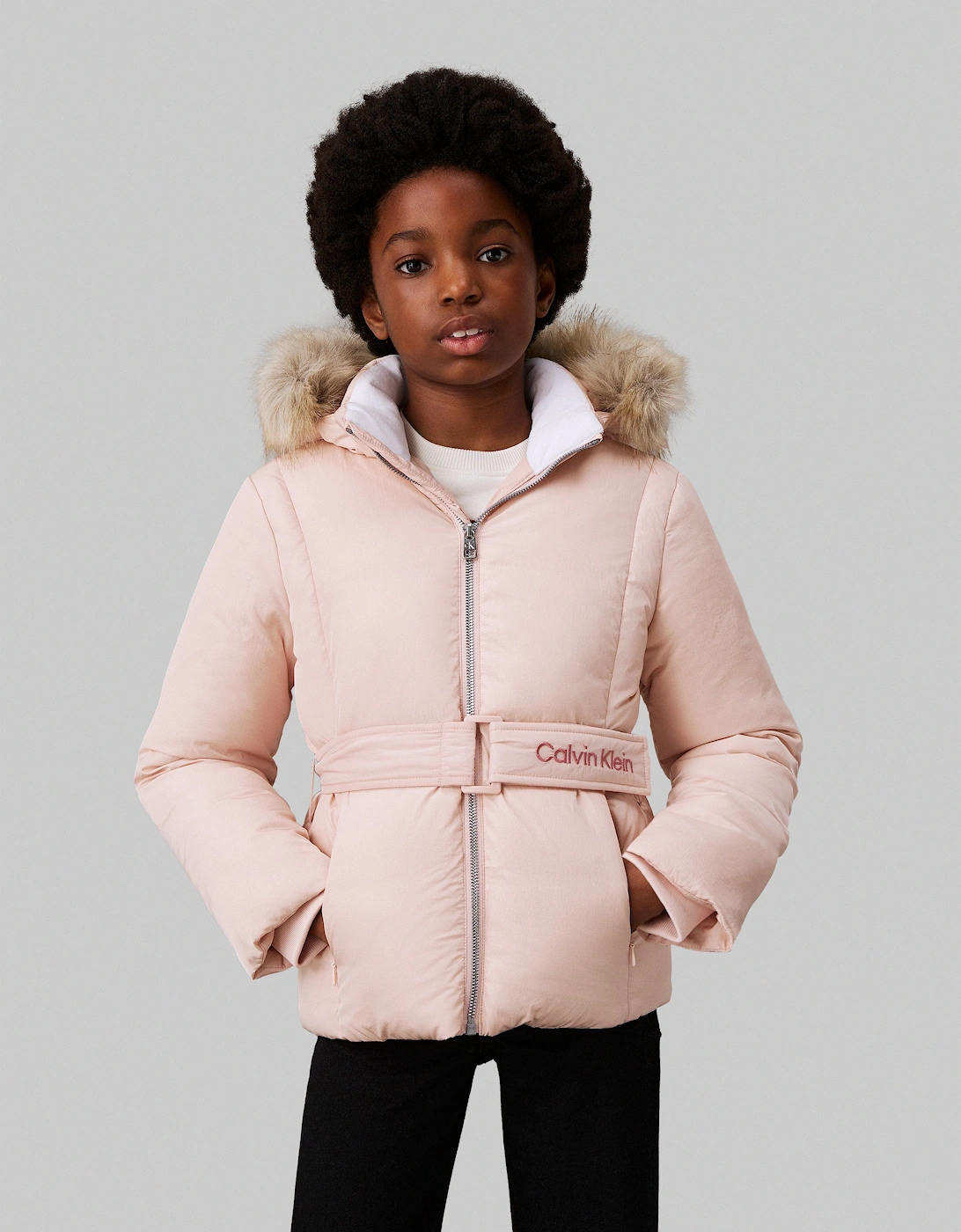 Girls Classic Belted Fur Jacket in Pink, 5 of 4