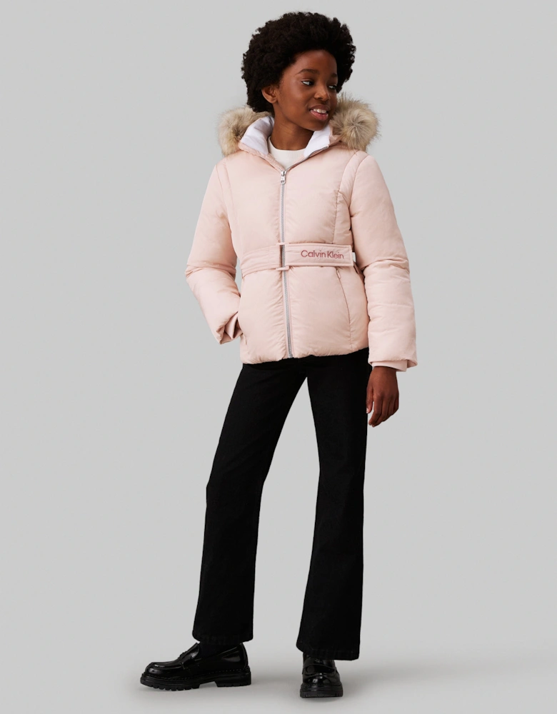 Girls Classic Belted Fur Jacket in Pink
