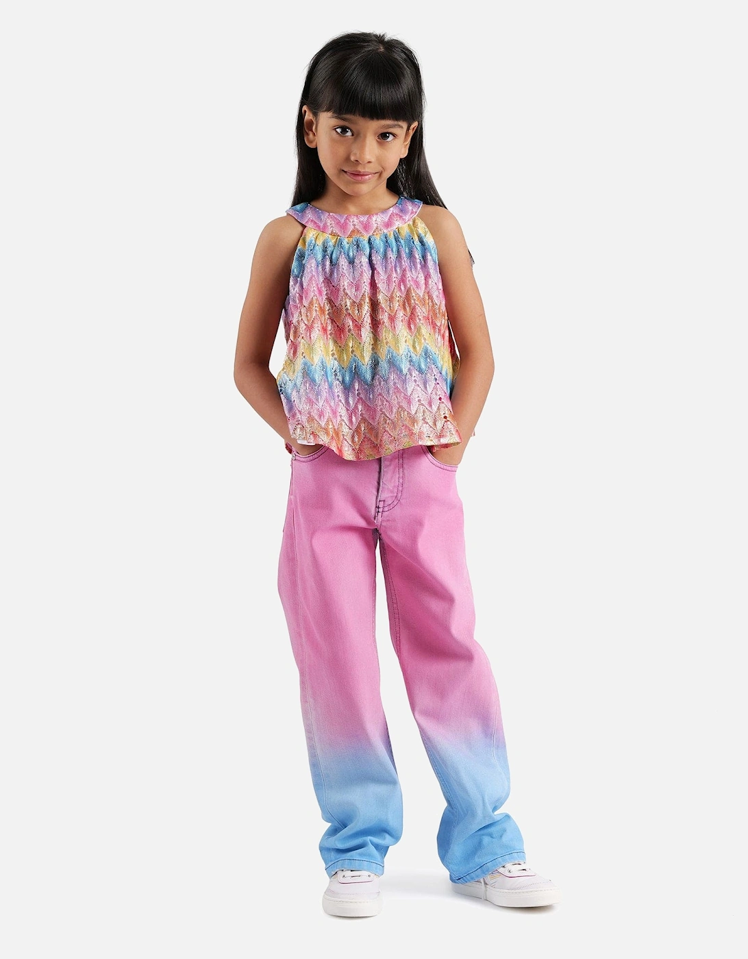 Girls Sleeveless Zigzag Top in Multicolour