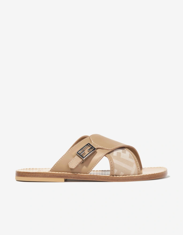 Girls Leather FF Logo Sandals in Beige