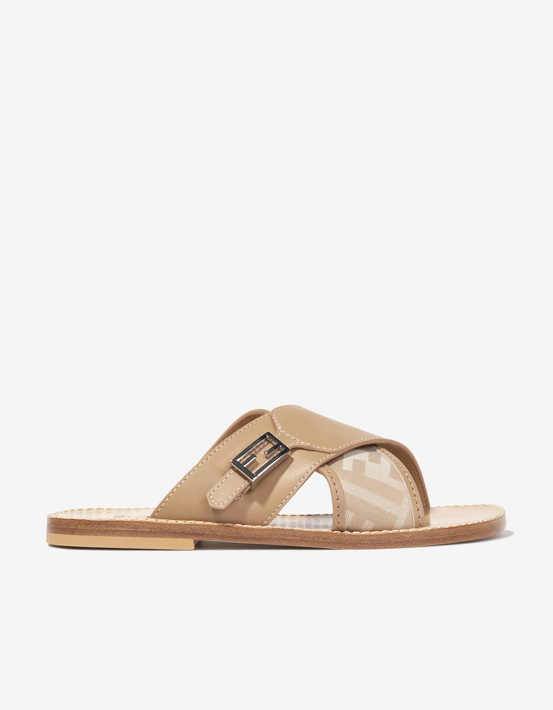 Girls Leather FF Logo Sandals in Beige, 5 of 4