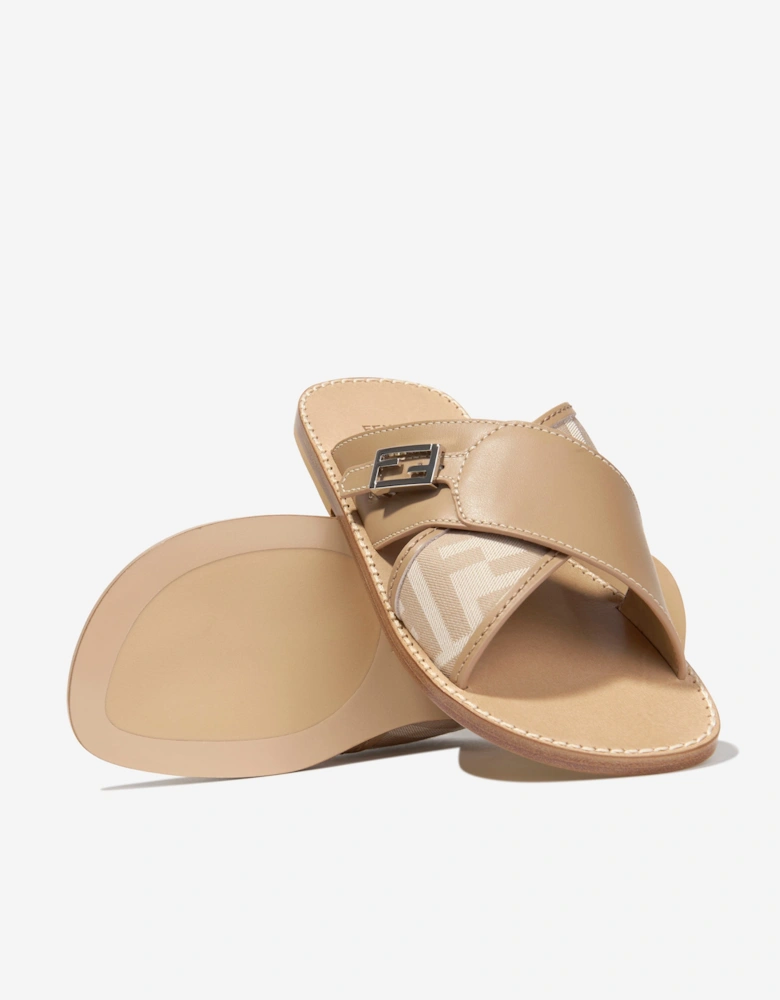 Girls Leather FF Logo Sandals in Beige