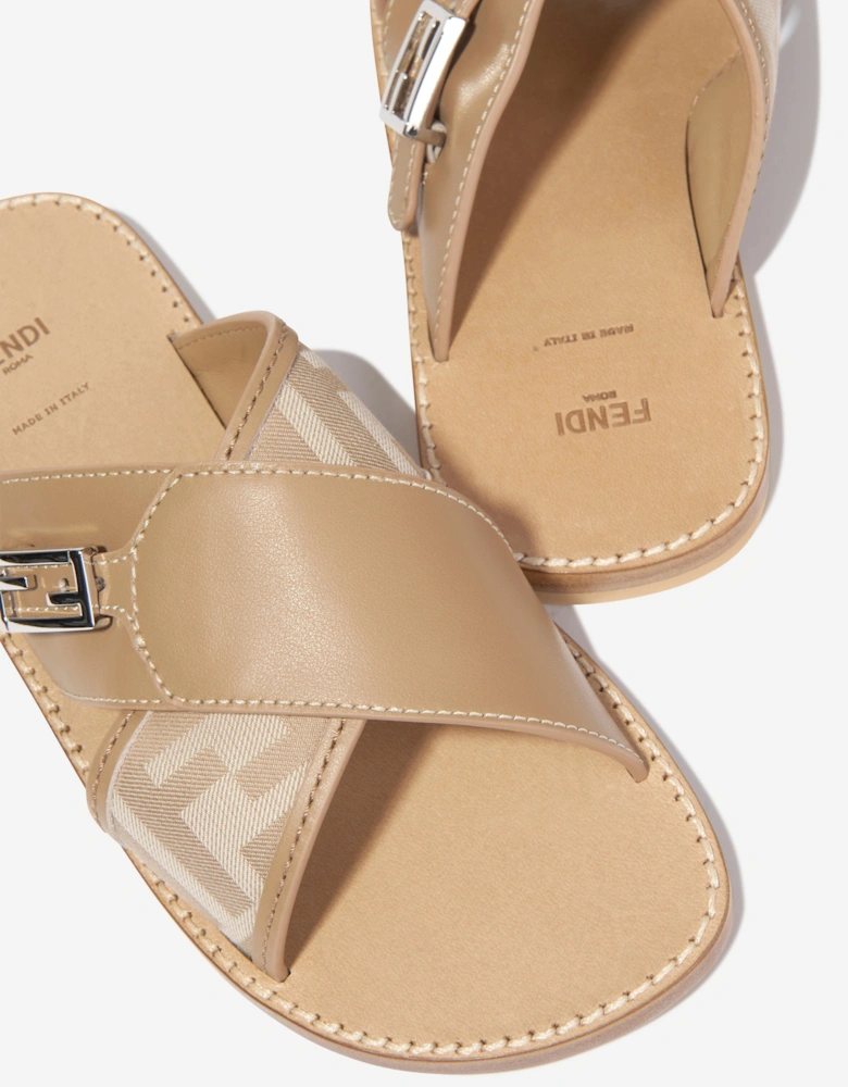 Girls Leather FF Logo Sandals in Beige