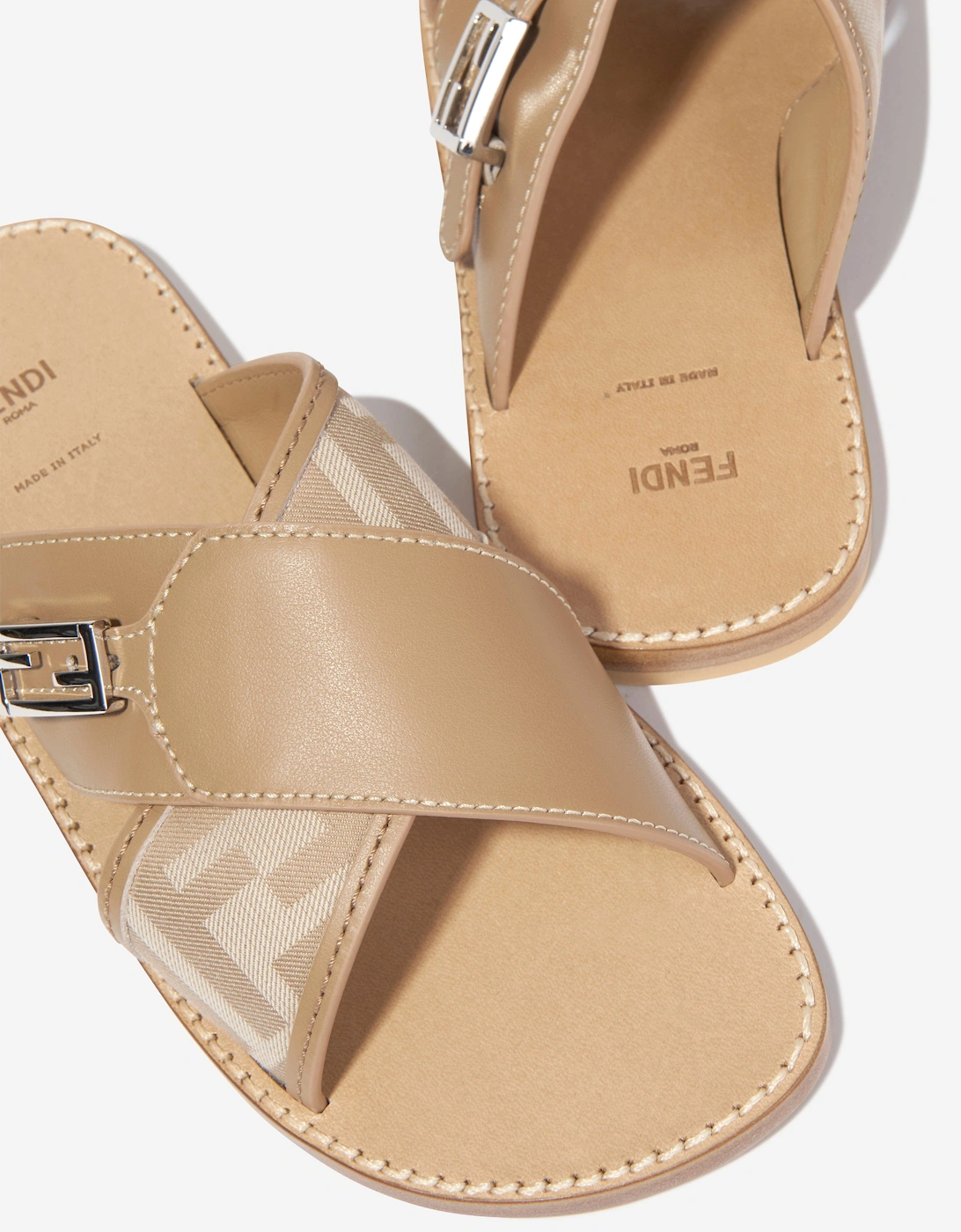 Girls Leather FF Logo Sandals in Beige