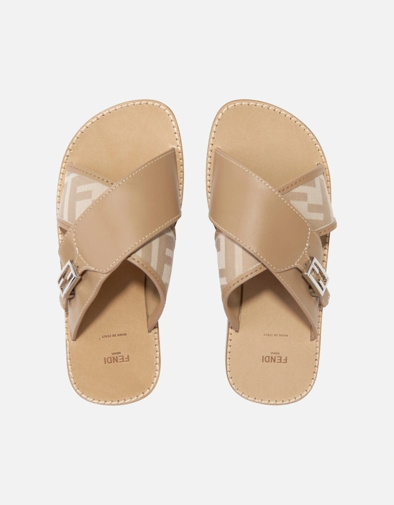 Girls Leather FF Logo Sandals in Beige