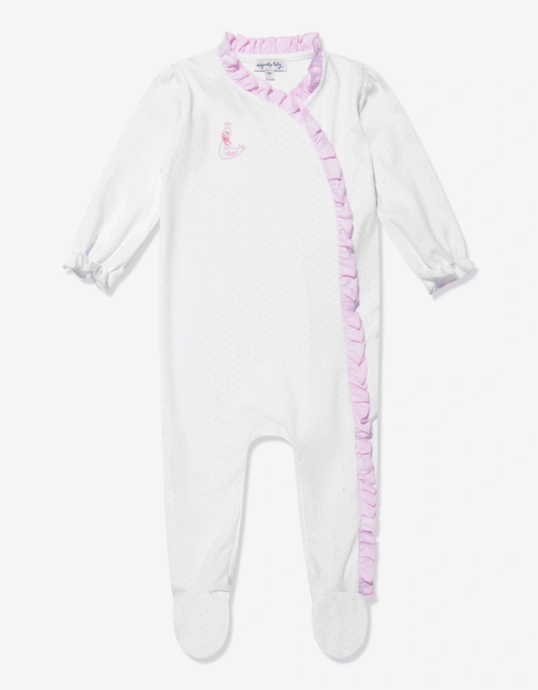 Baby Girls Swan Embroidered Cross Ruffle Babygrow in White