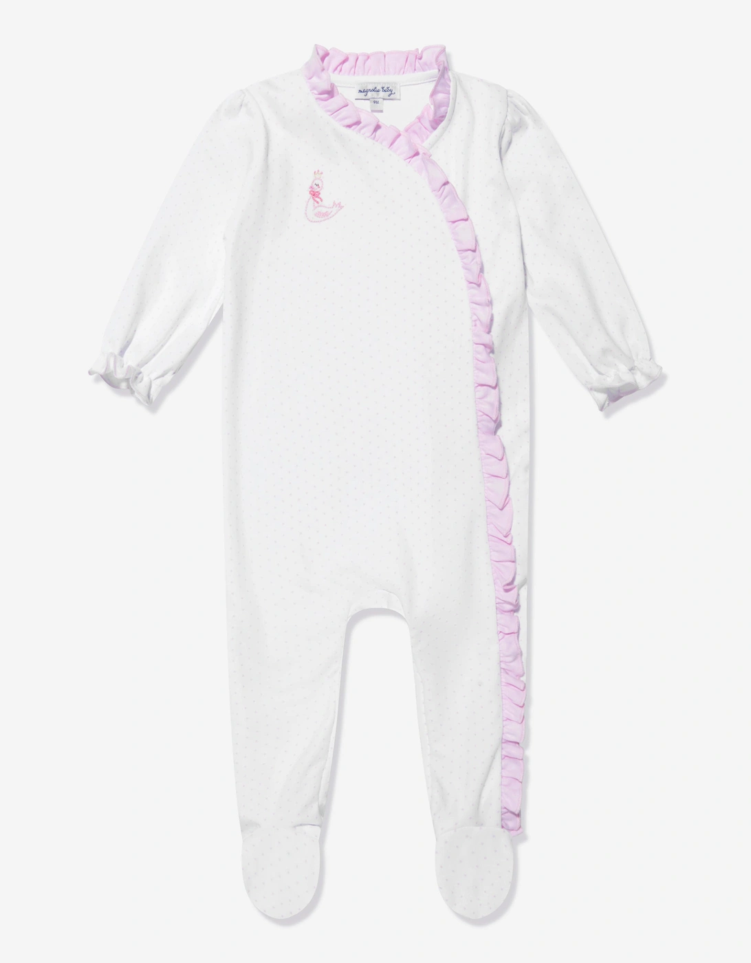 Baby Girls Swan Embroidered Cross Ruffle Babygrow in White, 6 of 5